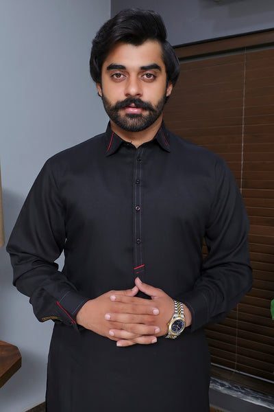 Men fabric wash n wear Kameez Shalwar Black SaeedAjmal
