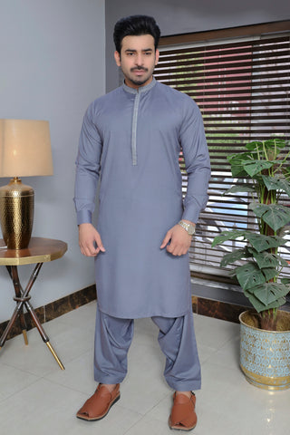 Men Blended Wash-n-Wear Kameez Shalwar Grey-Emb