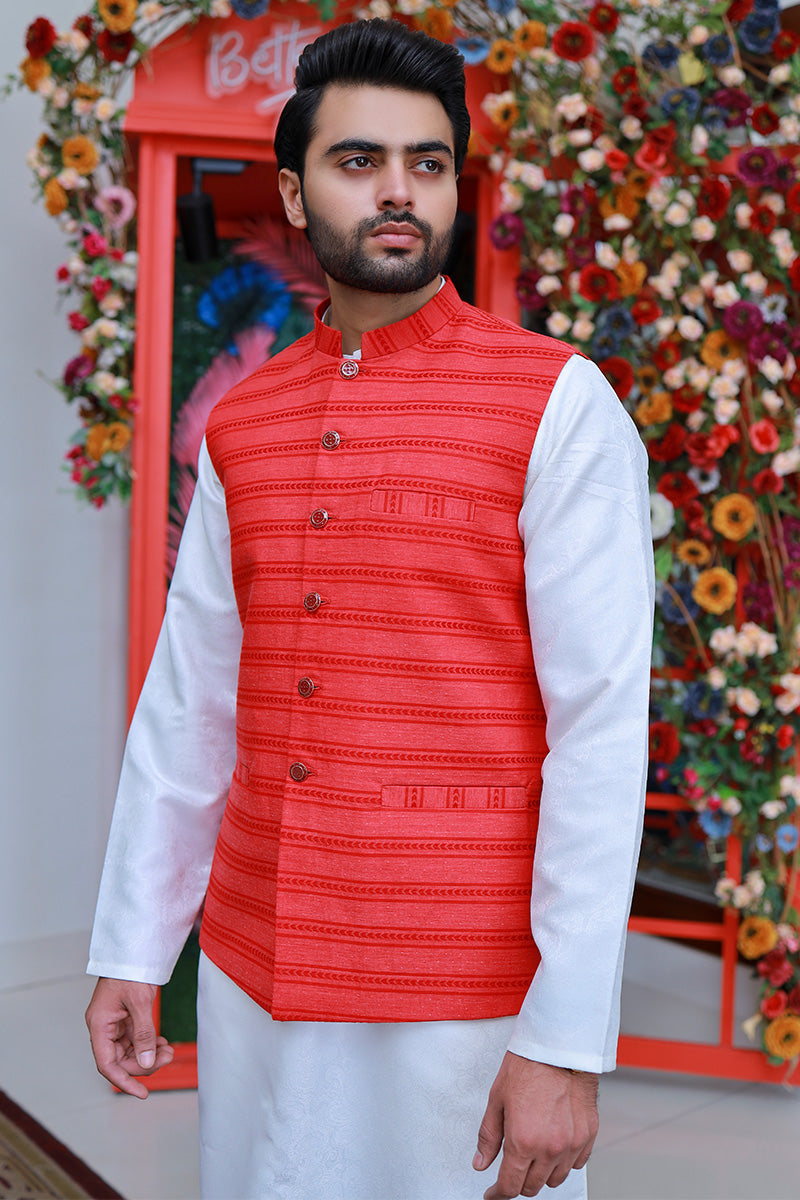 Men Self Design Premium Waistcoat Red SaeedAjmal