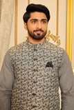 Men Premium Self Print Waistcoat Cream/Black