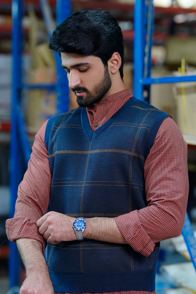 Men Stylish V Neck Sweater Navy SaeedAjmal