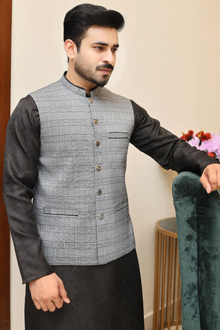 Men Dyed Check Waistcoat Grey