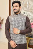 Men Self Design Waistcoat Brown