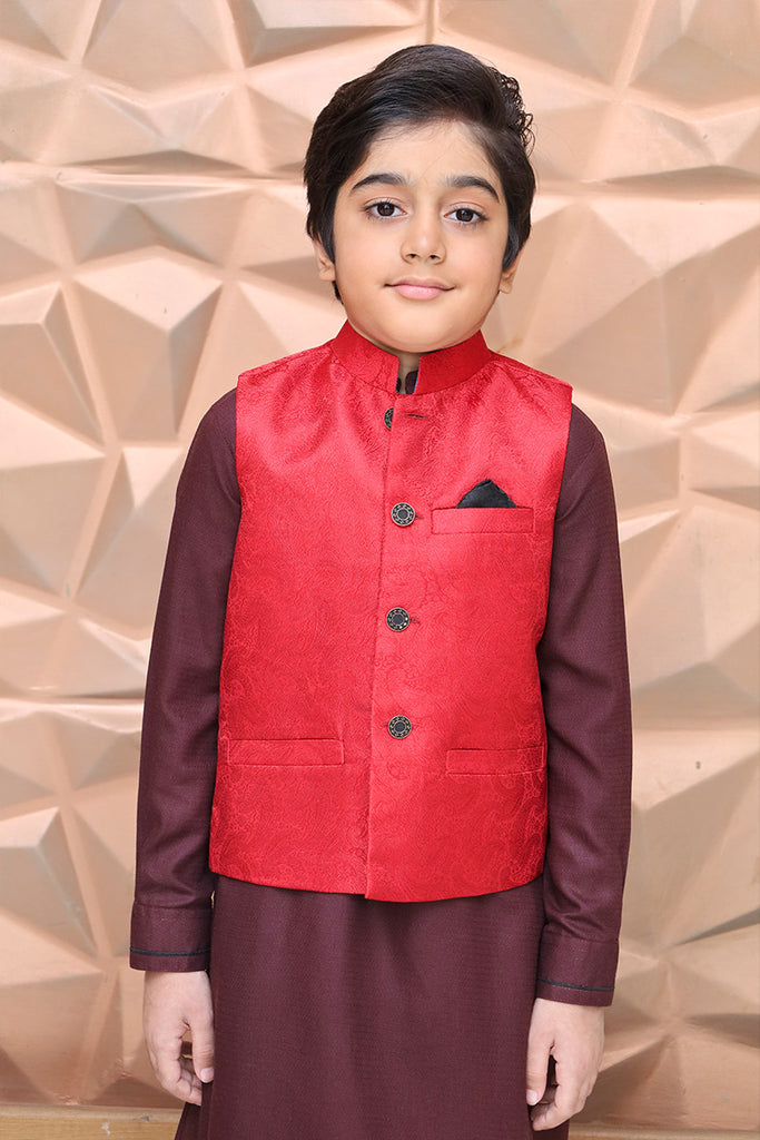 Premium fabric SELF DESIGN JAMAWAR waistcoat RED JMW SaeedAjmal