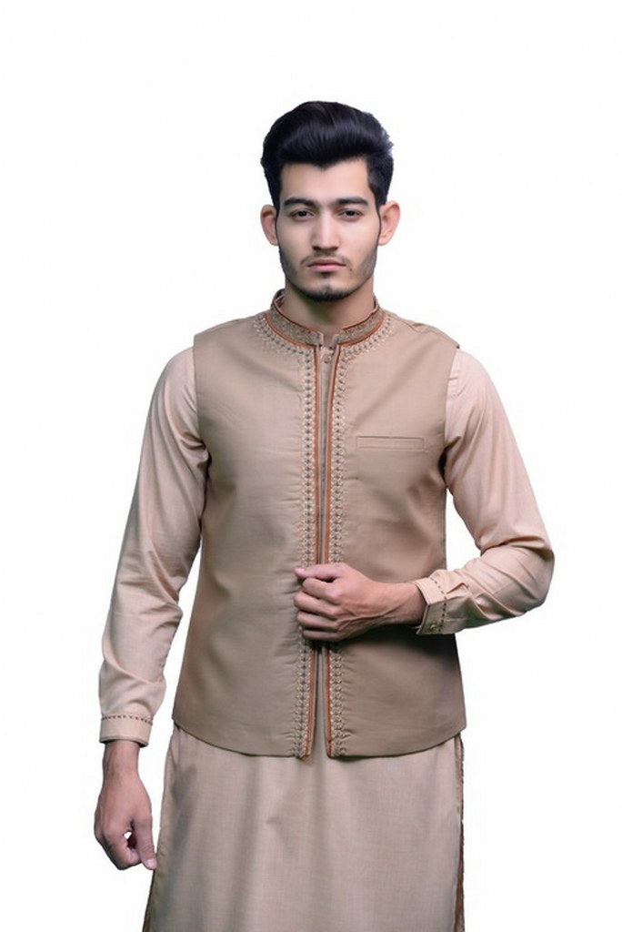 Men Embroidered Waistcoat Camel