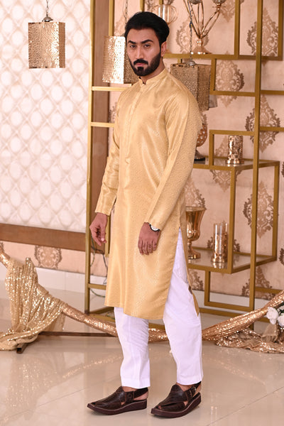 Peach brocade nehru jacket and kurta with off white pyjama - set of 3 by  The Weave Story | The Secret Label