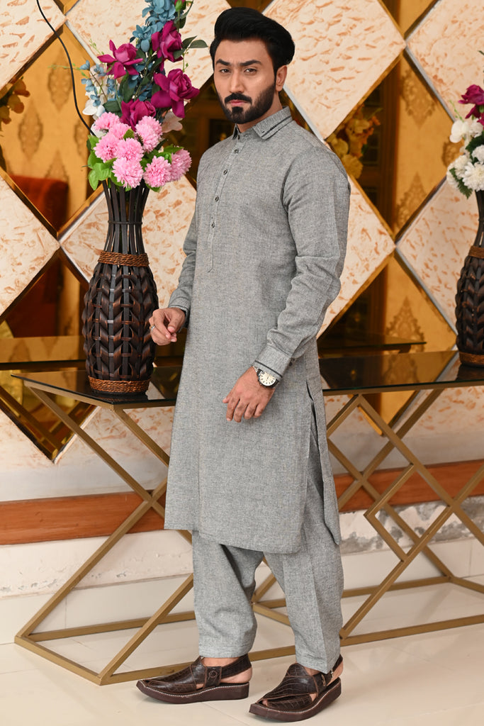 Men Texture Cotton Kameez Shalwar Grey