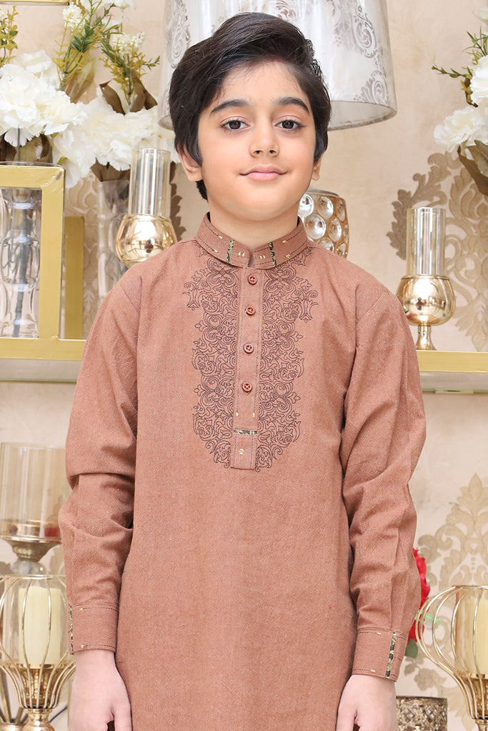 Boy Khaddar Kameez Shalwar Printed Neckline Brown