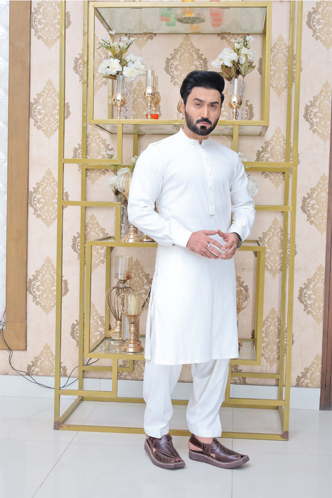Premium fabric (TEXTURE-COTTON) kameez shalwar WHITE