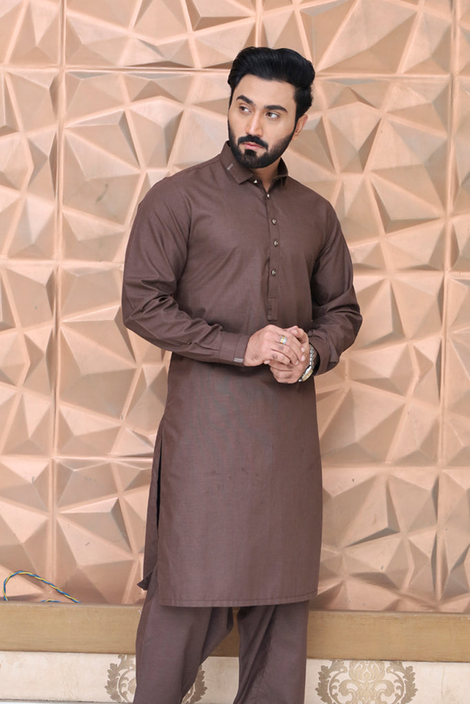 Premium fabric (DYED TEXTURED-CHAMBRAY) kameez shalwar B-BROWN