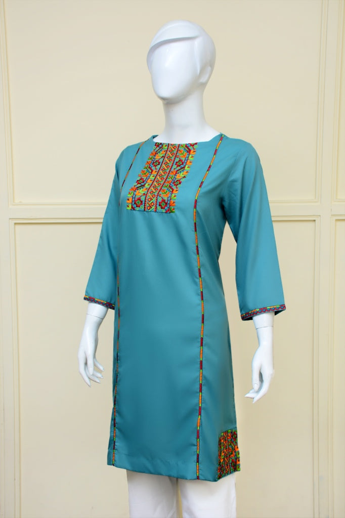 Self Print Kurti With Colourful Embroidery