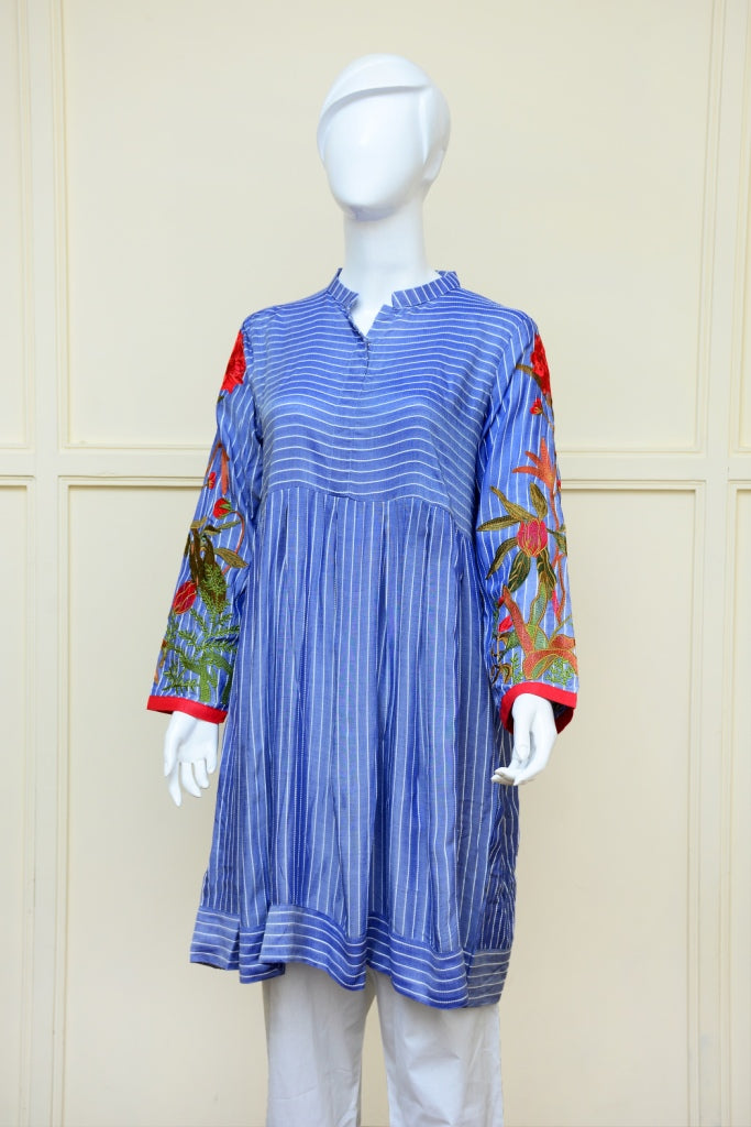 Blue Stip Fabric With Colourful Sleeves Embroidery