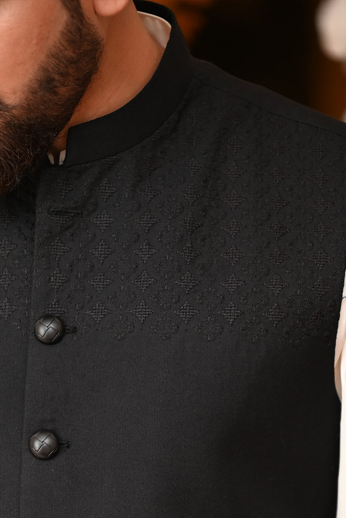 Men Premium Embroidered Waistcoat Black