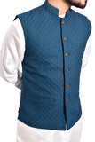 Men Self Design Waistcoat Turquoise