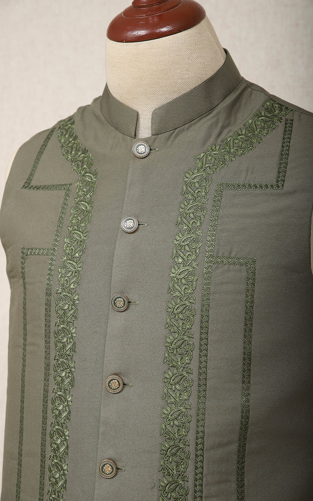 Men Premium Embroidered Waistcoat Green