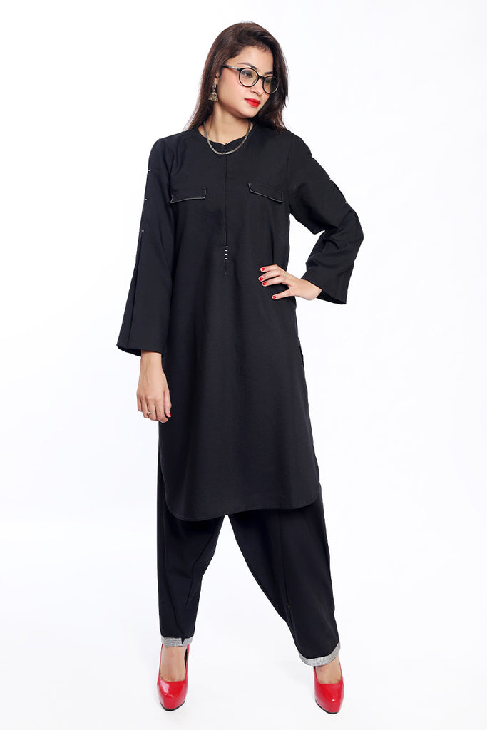 Women Trouser Kurti With Front Pockets Style Black