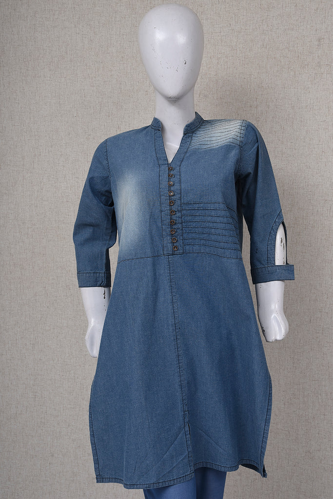 Women Denim Kurti with cut Opening Sleeve Blue – SaeedAjmal